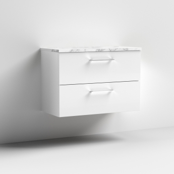Nuie Arno Wall Hung 2-Drawer Vanity Unit with Carrera Marble Worktop 800mm Wide - Gloss White | Product Image