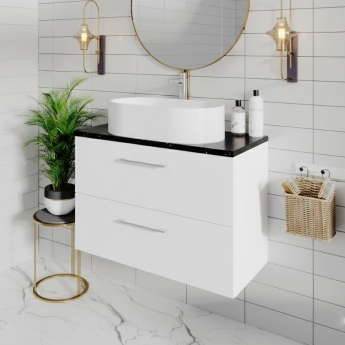 Nuie Arno Wall Hung 2-Drawer Vanity Unit with Sparkling Black Worktop 800mm Wide - Gloss White