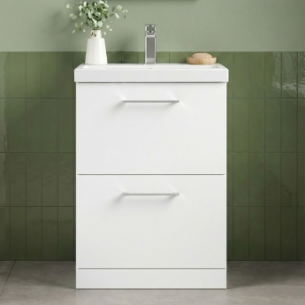Nuie Arno Floor Standing 2-Drawer Vanity Unit with Basin-1 600mm Wide - Gloss White