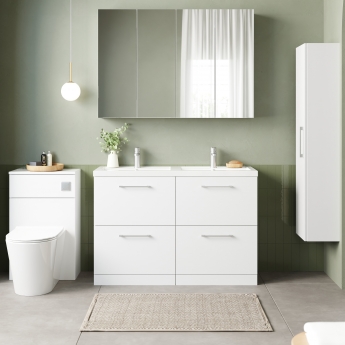 Nuie Arno Floor Standing 4-Drawer Vanity Unit with Double Polymarble Basin 1200mm Wide - Gloss White | Product Image