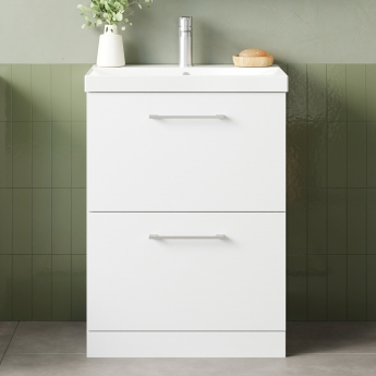 Nuie Arno Floor Standing 2-Drawer Vanity Unit with Basin-3 600mm Wide - Gloss White