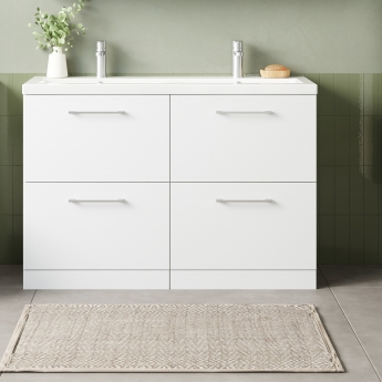 Nuie Arno Floor Standing 4-Drawer Vanity Unit with Double Ceramic Basin 1200mm Wide - Gloss White | Product Image
