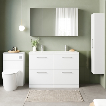 Nuie Arno Floor Standing 4-Drawer Vanity Unit with Double Ceramic Basin 1200mm Wide - Gloss White | Product Image