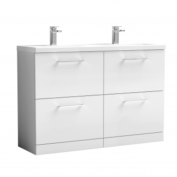 Nuie Arno Floor Standing 4-Drawer Vanity Unit with Double Ceramic Basin 1200mm Wide - Gloss White | Product Image