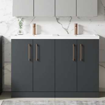 Nuie Arno Floor Standing 4-Door Vanity Unit with Double Polymarble Basin 1200mm Wide - Satin Anthracite