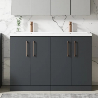 Nuie Arno Floor Standing 4-Door Vanity Unit with Double Ceramic Basin 1200mm Wide - Satin Anthracite