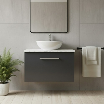 Nuie Arno Wall Hung 1-Drawer Vanity Unit with Carrera Marble Worktop 600mm Wide - Satin Anthracite | Product Image