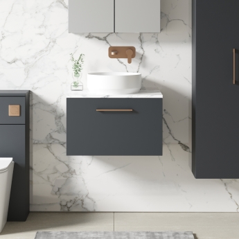 Nuie Arno Wall Hung 1-Drawer Vanity Unit with Carrera Marble Worktop 600mm Wide - Satin Anthracite | Product Image