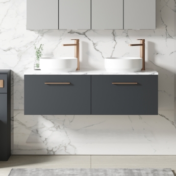 Nuie Arno Wall Hung 2-Drawer Vanity Unit with Carrera Marble Worktop 1200mm Wide - Satin Anthracite | Product Image