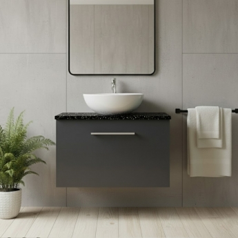 Nuie Arno Wall Hung 1-Drawer Vanity Unit with Sparkling Black Worktop 600mm Wide - Satin Anthracite