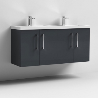 Nuie Arno Wall Hung 4-Door Vanity Unit with Double Polymarble Basin 1200mm Wide - Satin Anthracite
