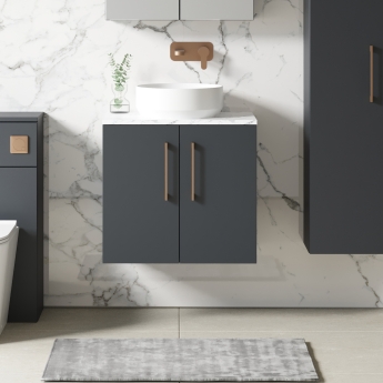 Nuie Arno Wall Hung 2-Door Vanity Unit with Carrera Marble Worktop 600mm Wide - Satin Anthracite | Product Image