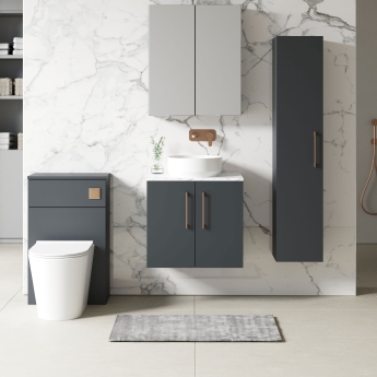 Nuie Arno Wall Hung 2-Door Vanity Unit with Carrera Marble Worktop 600mm Wide - Satin Anthracite | Product Image