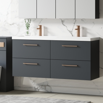 Nuie Arno Wall Hung 4-Drawer Vanity Unit with Double Ceramic Basin 1200mm Wide - Satin Anthracite