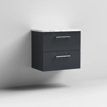 Nuie Arno Wall Hung 2-Drawer Vanity Unit with Carrera Marble Worktop 600mm Wide - Satin Anthracite | Product Image