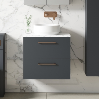 Nuie Arno Wall Hung 2-Drawer Vanity Unit with Carrera Marble Worktop 600mm Wide - Satin Anthracite | Product Image