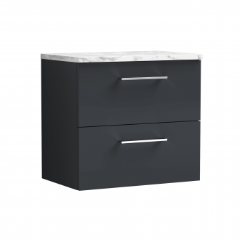 Nuie Arno Wall Hung 2-Drawer Vanity Unit with Carrera Marble Worktop 600mm Wide - Satin Anthracite | Product Image