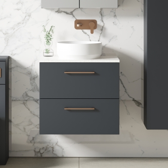 Nuie Arno Wall Hung 2-Drawer Vanity Unit with Sparkling White Worktop 600mm Wide - Satin Anthracite