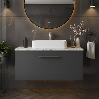 Nuie Arno Wall Hung 1-Drawer Vanity Unit with Carrera Marble Worktop 800mm Wide - Satin Anthracite | Product Image