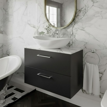 Nuie Arno Wall Hung 2-Drawer Vanity Unit with Carrera Marble Worktop 800mm Wide - Satin Anthracite | Product Image