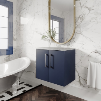 Nuie Arno Wall Hung 2-Door Vanity Unit with Bellato Grey Worktop 600mm Wide - Electric Blue