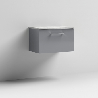 Nuie Arno Wall Hung 1-Drawer Vanity Unit with Bellato Grey Worktop 600mm Wide - Satin Grey
