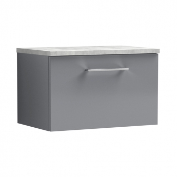 Nuie Arno Wall Hung 1-Drawer Vanity Unit with Bellato Grey Worktop 600mm Wide - Satin Grey