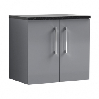 Nuie Arno Wall Hung 2-Door Vanity Unit with Sparkling Black Worktop 600mm Wide - Satin Grey