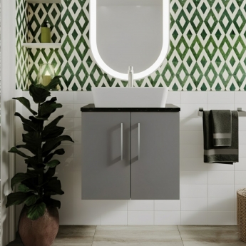 Nuie Arno Wall Hung 2-Door Vanity Unit with Sparkling Black Worktop 600mm Wide - Satin Grey
