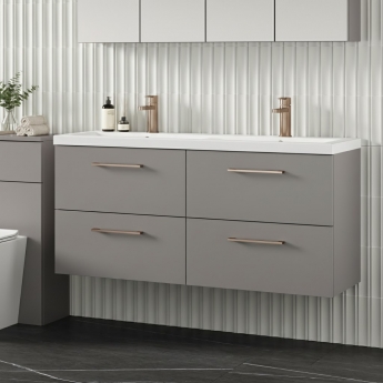 Nuie Arno Wall Hung 4-Drawer Vanity Unit with Double Ceramic Basin 1200mm Wide - Satin Grey