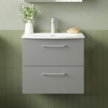 Nuie Arno Wall Hung 2-Drawer Vanity Unit with Basin-4 600mm Wide - Satin Grey