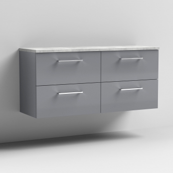 Nuie Arno Wall Hung 4-Drawer Vanity Unit with Bellato Grey Worktop 1200mm Wide - Satin Grey | Product Image