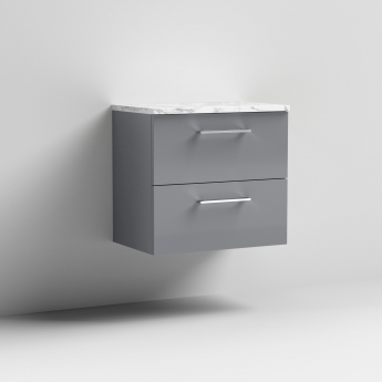 Nuie Arno Wall Hung 2-Drawer Vanity Unit with Carrera Marble Worktop 600mm Wide - Satin Grey | Product Image