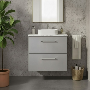 Nuie Arno Wall Hung 2-Drawer Vanity Unit with Carrera Marble Worktop 600mm Wide - Satin Grey | Product Image