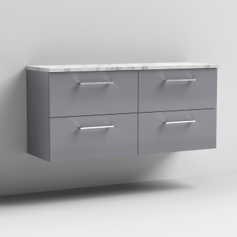 Nuie Arno Wall Hung 4-Drawer Vanity Unit with Carrera Marble Worktop 1200mm Wide - Satin Grey | Product Image
