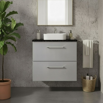 Nuie Arno Wall Hung 2-Drawer Vanity Unit with Bellato Grey Worktop 600mm Wide - Satin Grey