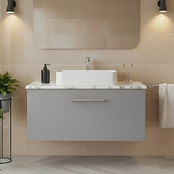Nuie Arno Wall Hung 1-Drawer Vanity Unit with Carrera Marble Worktop 800mm Wide - Satin Grey | Product Image