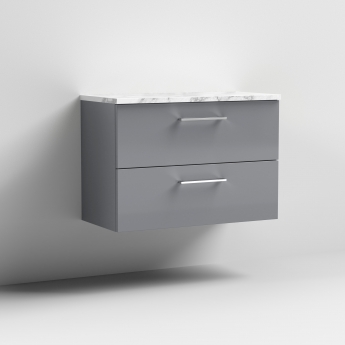 Nuie Arno Wall Hung 2-Drawer Vanity Unit with Carrera Marble Worktop 800mm Wide - Satin Grey | Product Image