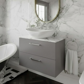 Nuie Arno Wall Hung 2-Drawer Vanity Unit with Carrera Marble Worktop 800mm Wide - Satin Grey | Product Image