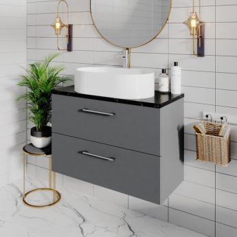 Nuie Arno Wall Hung 2-Drawer Vanity Unit with Sparkling Black Worktop 800mm Wide - Satin Grey