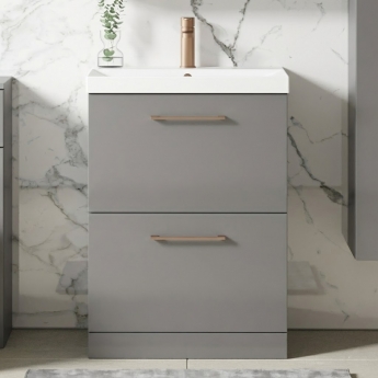 Nuie Arno Floor Standing 2-Drawer Vanity Unit with Basin-3 600mm Wide - Satin Grey