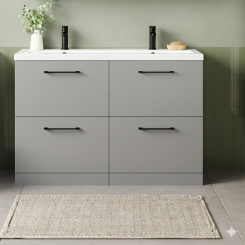 Nuie Arno Floor Standing 4-Drawer Vanity Unit with Double Ceramic Basin 1200mm Wide - Satin Grey