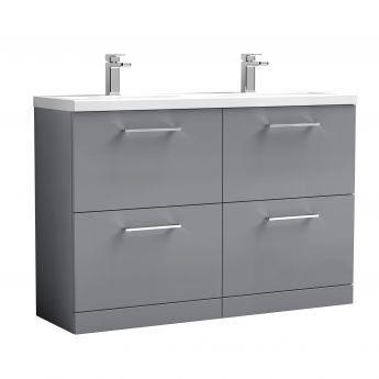 Nuie Arno Floor Standing 4-Drawer Vanity Unit with Double Ceramic Basin 1200mm Wide - Satin Grey