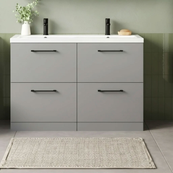 Nuie Arno Floor Standing 4-Drawer Vanity Unit with Double Ceramic Basin 1200mm Wide - Satin Grey | Product Image