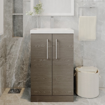 Nuie Arno Floor Standing 2-Door Vanity Unit with Basin-3 500mm Wide - Solace Oak Woodgrain