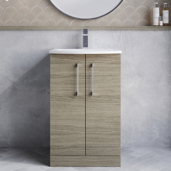 Nuie Arno Floor Standing 2-Door Vanity Unit with Basin-4 500mm Wide - Solace Oak Woodgrain