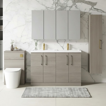 Nuie Arno Floor Standing 4-Door Vanity Unit with Double Polymarble Basin 1200mm Wide - Solace Oak | Product Image