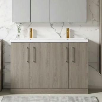 Nuie Arno Floor Standing 4-Door Vanity Unit with Double Ceramic Basin 1200mm Wide - Solace Oak