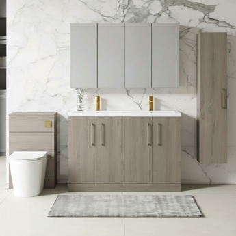 Nuie Arno Floor Standing 4-Door Vanity Unit with Double Ceramic Basin 1200mm Wide - Solace Oak