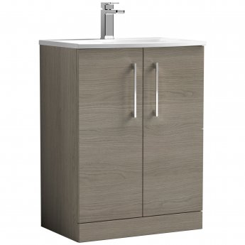 Nuie Arno Floor Standing 2-Door Vanity Unit with Basin-4 600mm Wide - Solace Oak Woodgrain